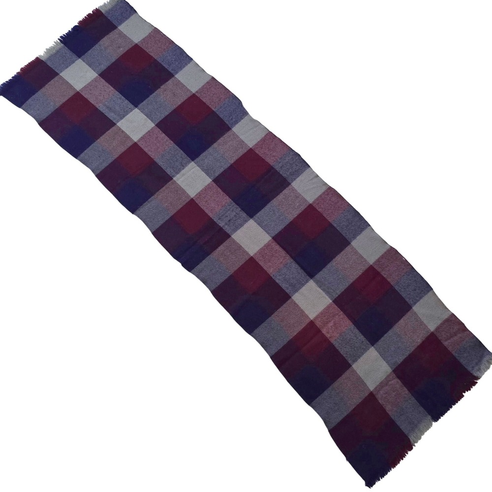 Vintage Men's Plaid Scarf Navy Maroon Checkered Fringe 1970s Winter Warm